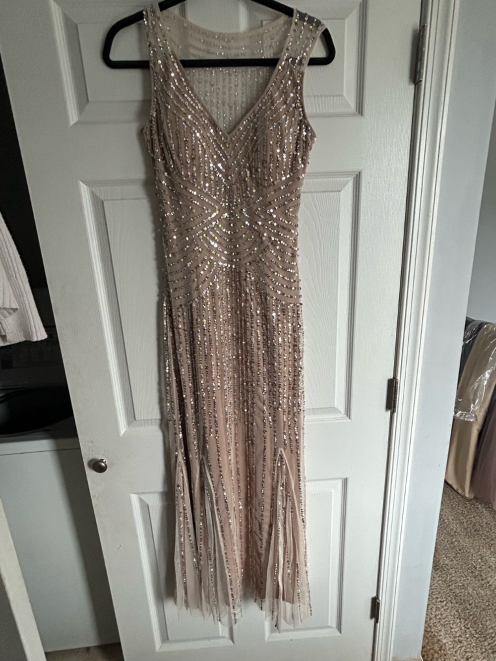 Aidan Mattox Blush Mesh Dress with Yellow and Silver Sequin Embellishment